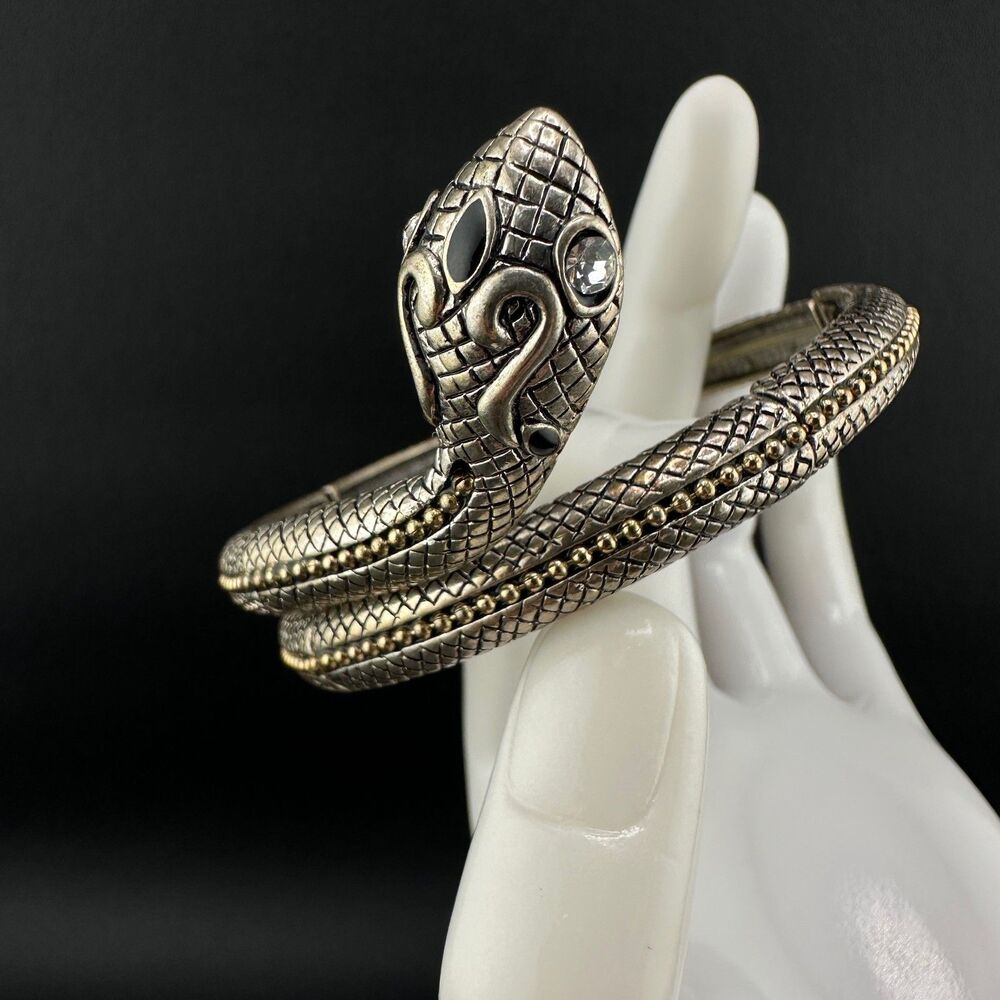 Vintage Snake Bracelet Coil Wrap Metal Rhinestone Eyes Gold Silver Tone Flexible